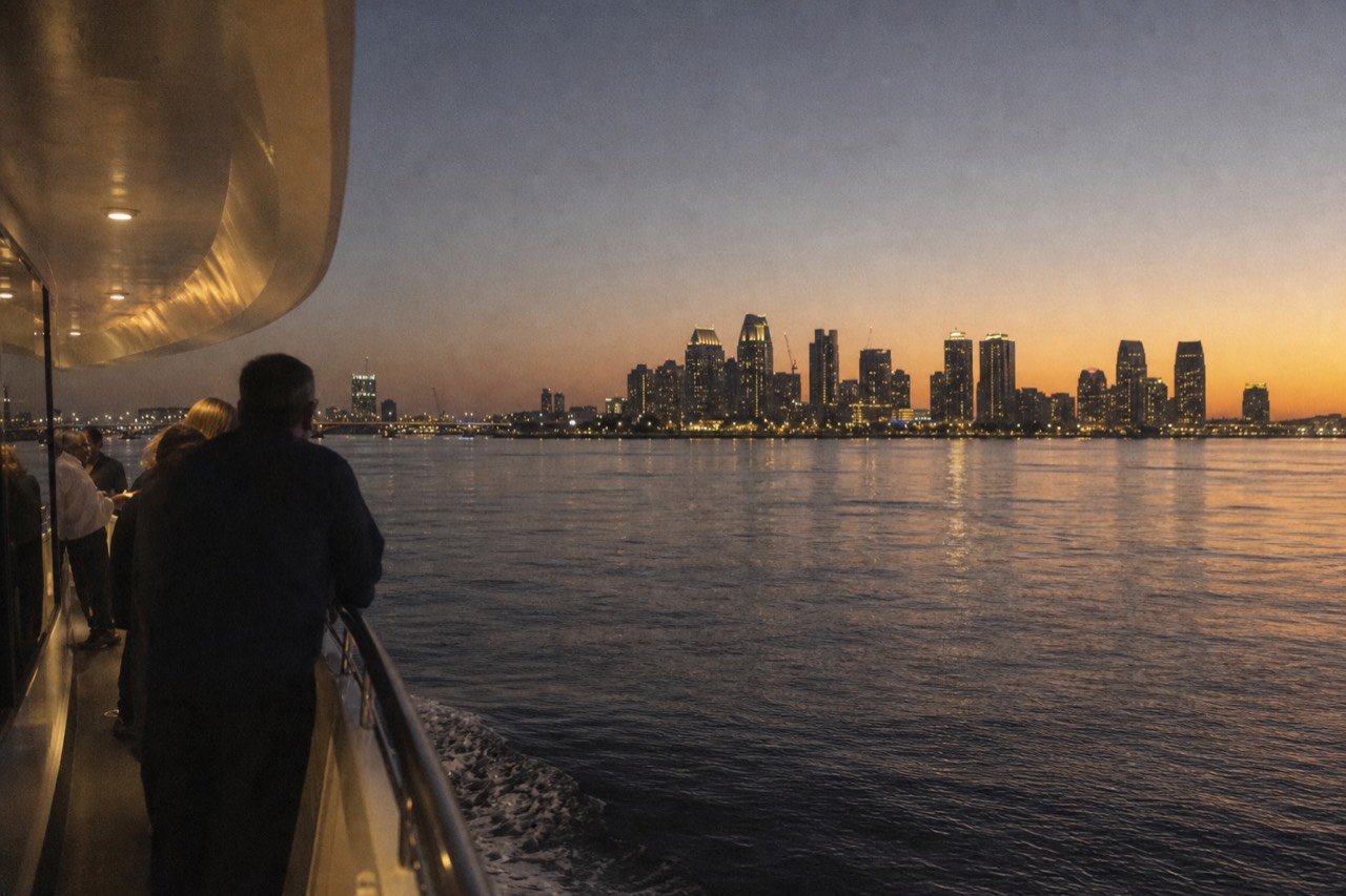 San Diego dinner cruise ship on the bay at sunset, no text, no logos, no people