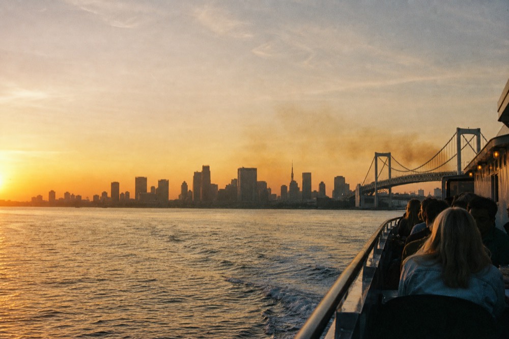 A dinner cruise boat cruising past the downtown San Diego skyline at sunset, no text, no logos, no people