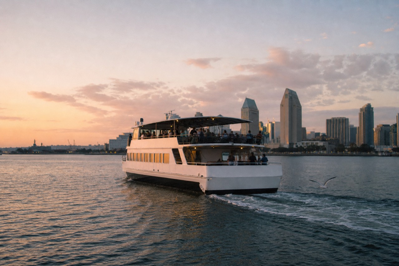 A dinner cruise boat on San Diego Bay at dusk, city skyline behind it, no text, no logos, no people