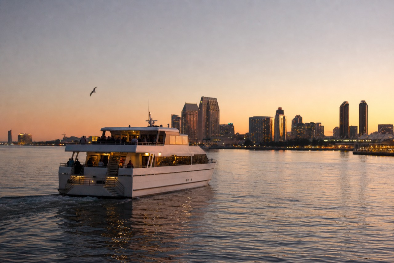 A dinner cruise boat lit at dusk on San Diego Bay with the downtown skyline behind, no text, no logos, no people.