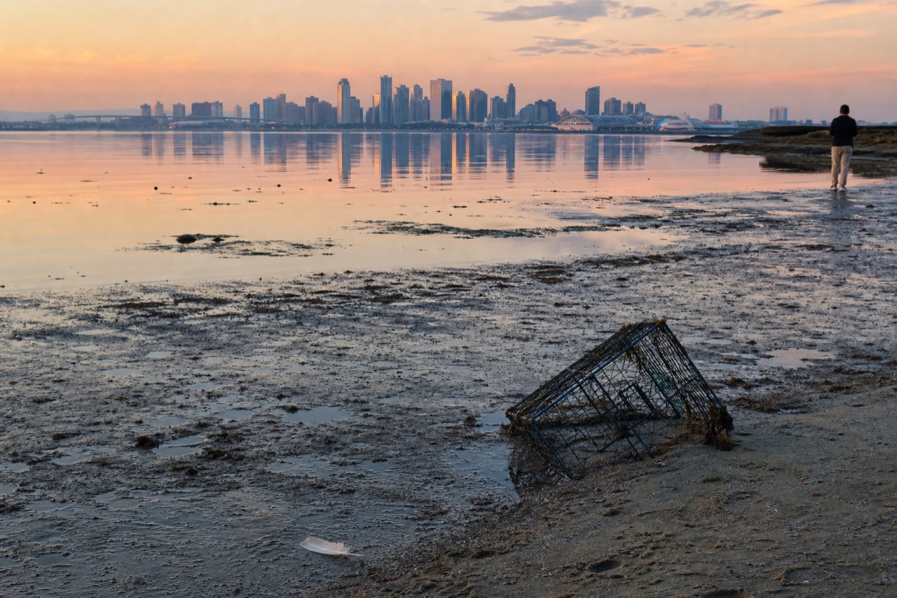 Quiet San Diego Bay shoreline at dusk with calm water and distant city skyline, no text, no logos, no people