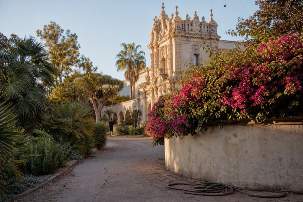 Gardens and Spanish Colonial Revival architecture in Balboa Park, no text, no logos, no people