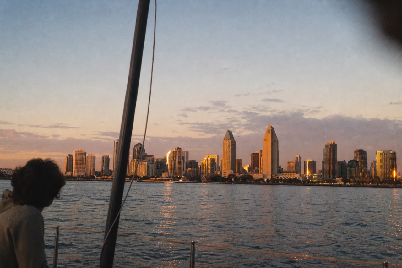 San Diego skyline and bay at dusk from the water, no text, no logos, no people