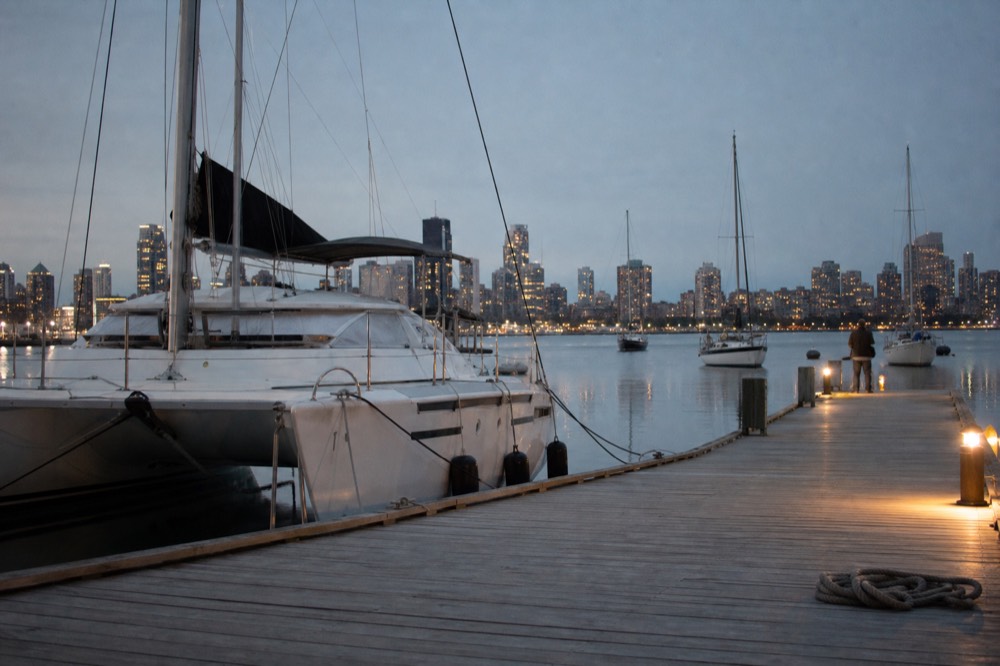 Catamaran and sailboats on San Diego Bay near downtown at dusk, no text, no logos, no people