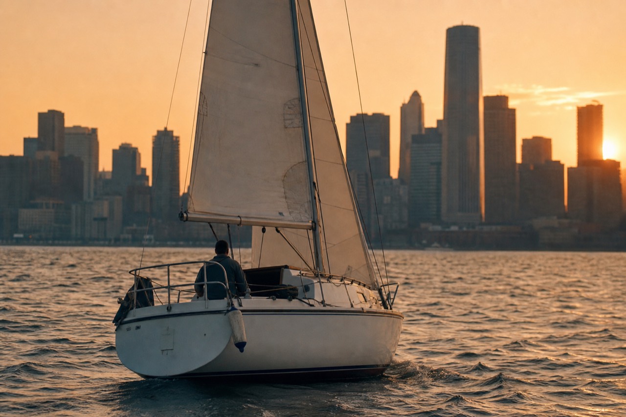 Sailboat gliding across San Diego Bay at sunset with the downtown skyline behind, no text, no logos, no people