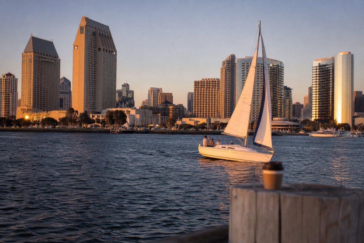 A sailboat gliding across San Diego Bay at sunset with the downtown skyline behind it, no text, no logos, no people.