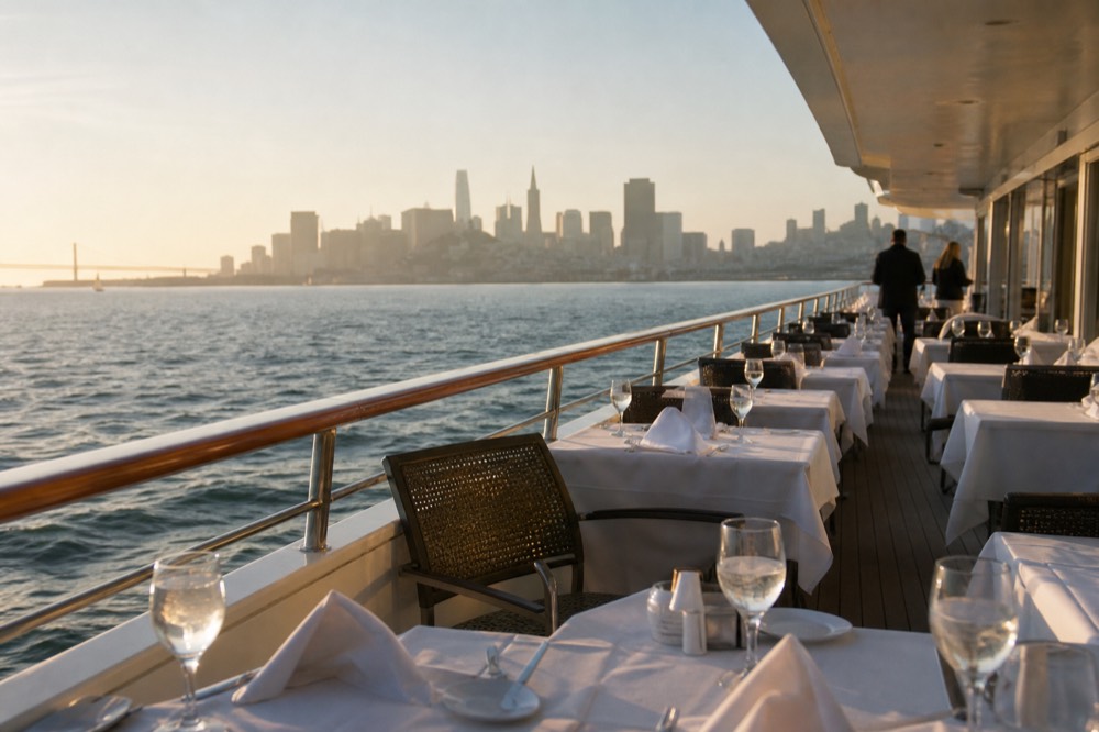 A cruise ship deck set with dining tables overlooking the San Diego skyline in late afternoon light, no text, no logos, no people