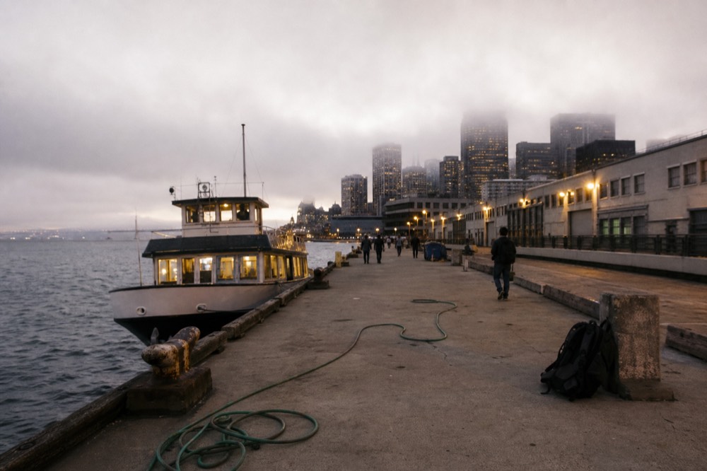 A pier on the San Diego Embarcadero at dusk with a cruise boat docked beside it, no text, no logos, no people