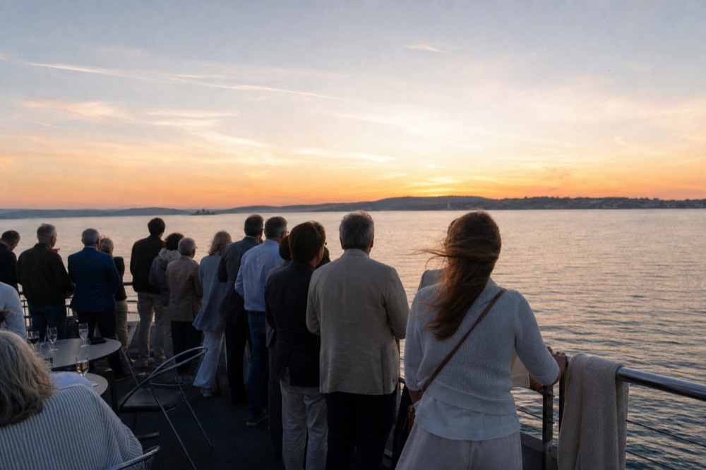 Passengers in smart casual clothing on an outdoor cruise deck at sunset on the bay, no text, no logos, no people