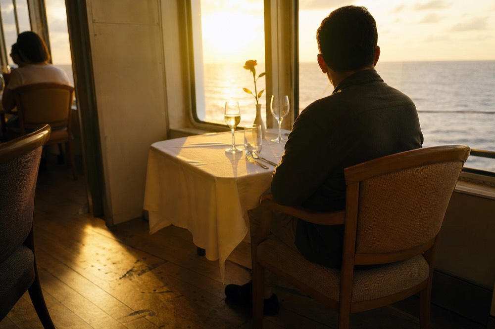A small table for two set with glasses and a small flower by a cruise ship window at golden hour, no text, no logos, no people