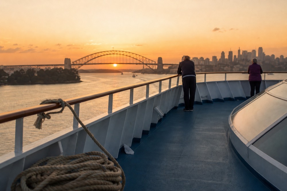 The forward deck of a cruise ship on the bay with the Coronado Bridge and skyline in the distance at sunset, no text, no logos, no people