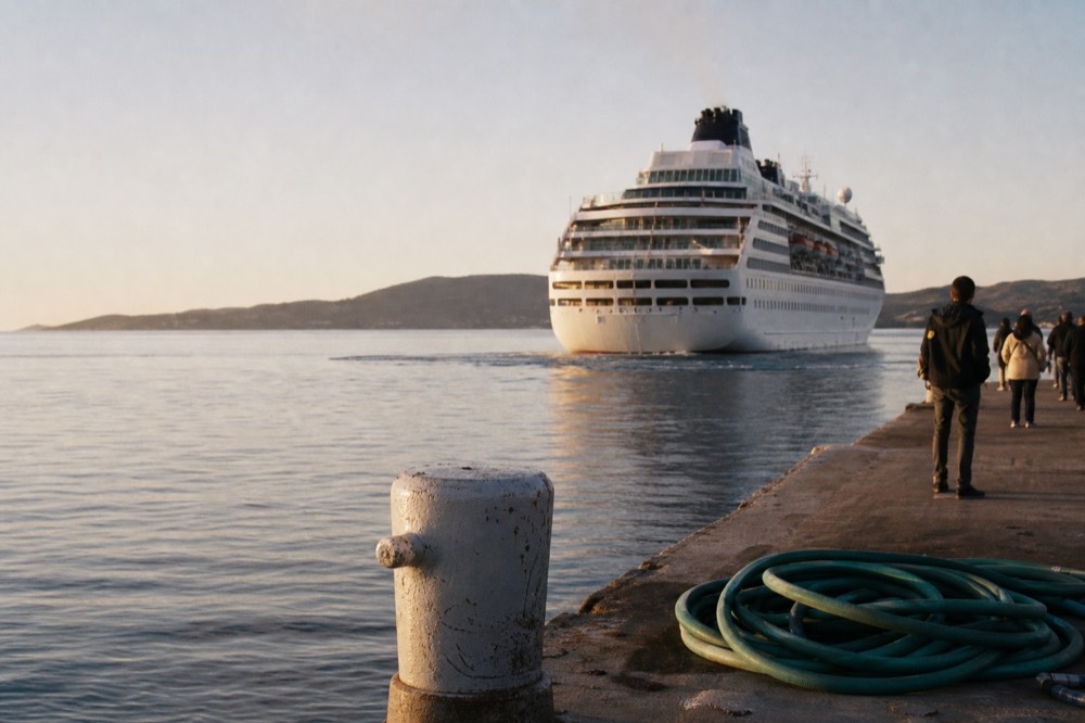 Cruise vessel departing a San Diego Bay pier in morning light, no text, no logos, no people