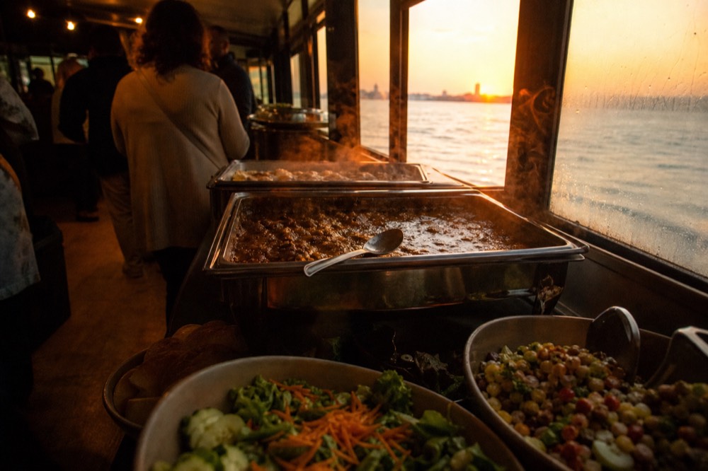 Buffet station with salad bowls and hot entree trays aboard a dinner cruise, no text, no logos, no people