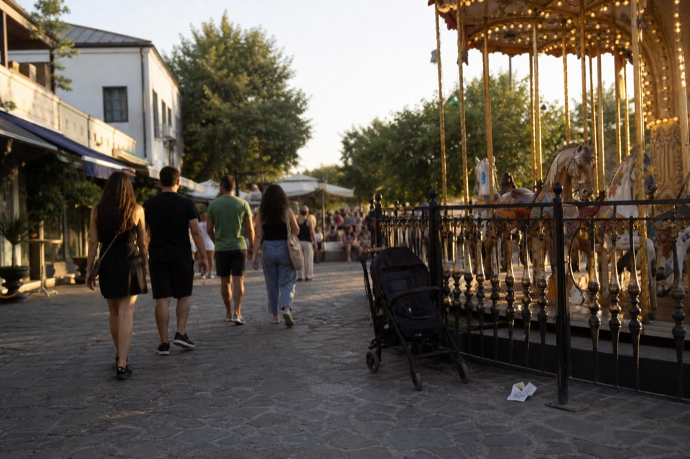 Visitors strolling past shops and a historic carousel at a bayside village, no text, no logos, no people