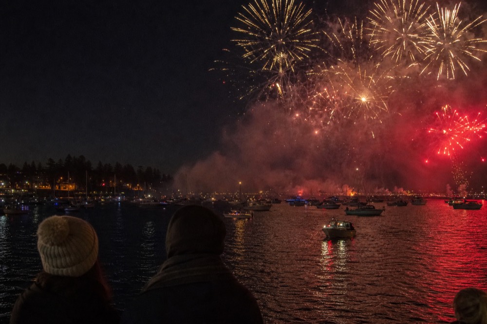 Fireworks bursting over San Diego Bay at night with boats on the water below, no text, no logos, no people
