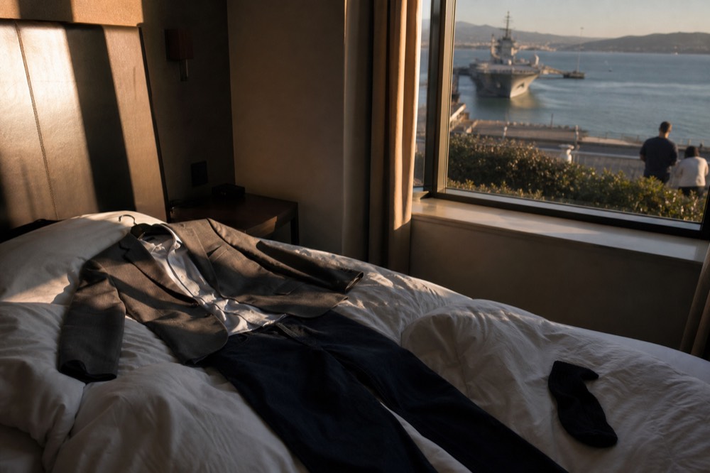 Smart casual evening wear laid out on a hotel bed near a window with a bay view, no text, no logos, no people